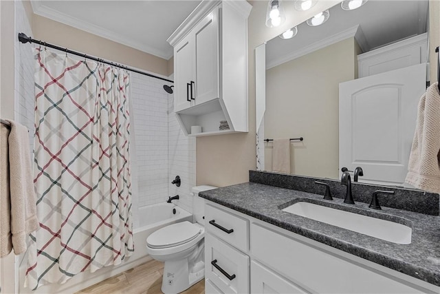 full bathroom with crown molding, wood-type flooring, toilet, vanity, and shower / tub combo