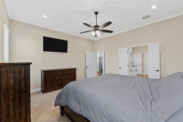 bedroom with ceiling fan, light colored carpet, and ornamental molding