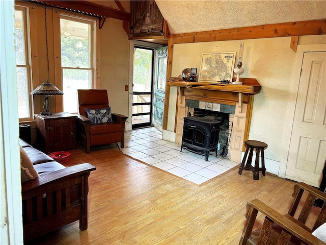 living room featuring light hardwood / wood-style floors and a wood stove