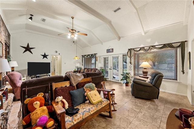 living room with french doors, lofted ceiling with beams, and ceiling fan