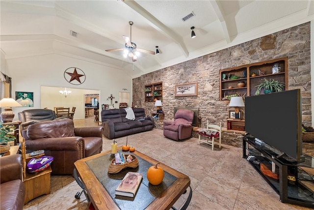 living room featuring beamed ceiling, ceiling fan with notable chandelier, and high vaulted ceiling