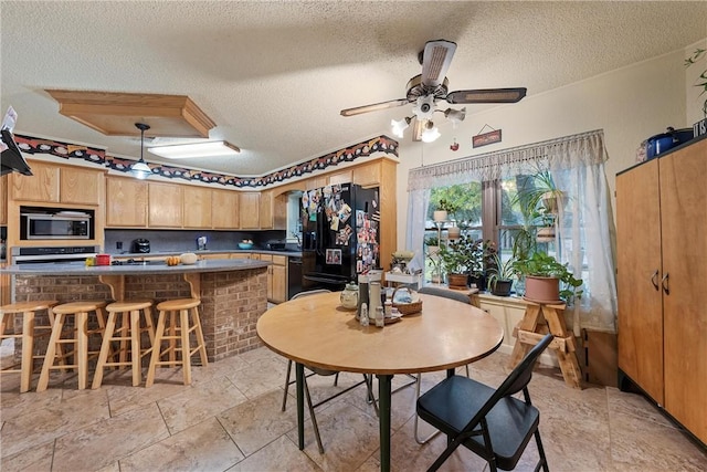 interior space featuring ceiling fan and a textured ceiling