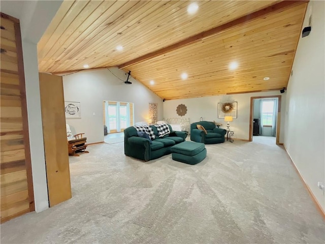 carpeted living room featuring vaulted ceiling with beams and wood ceiling