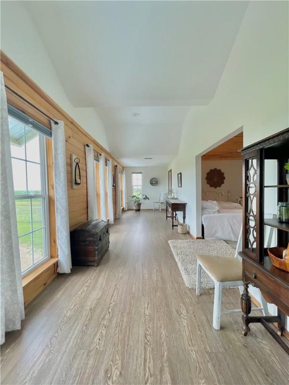 interior space with plenty of natural light, light wood-type flooring, and lofted ceiling