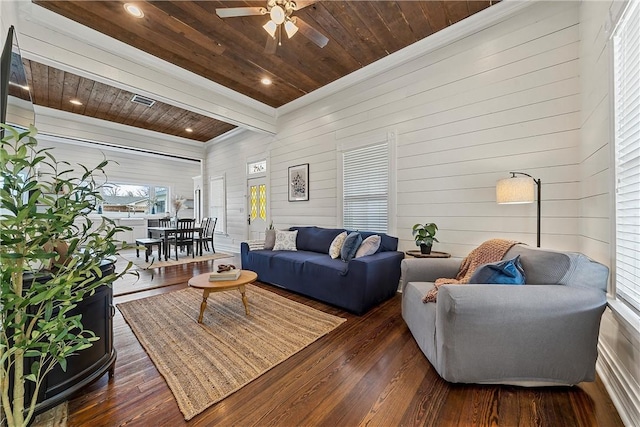 living room with ceiling fan, dark hardwood / wood-style flooring, wooden ceiling, and wood walls