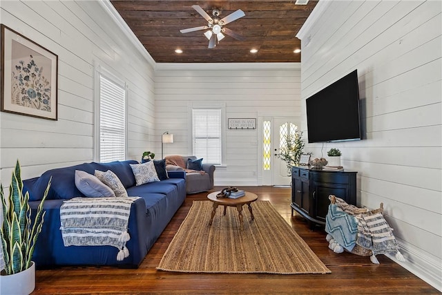 living room with ceiling fan, dark hardwood / wood-style flooring, wood ceiling, and wooden walls