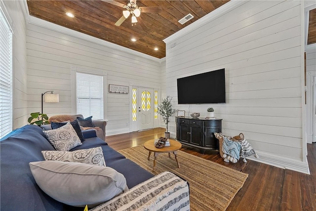 living room featuring dark hardwood / wood-style flooring, wooden walls, and wood ceiling