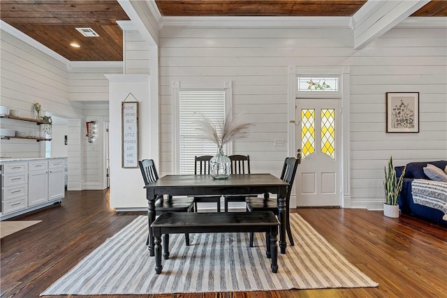 dining area featuring dark hardwood / wood-style flooring, wooden ceiling, ornamental molding, and wooden walls