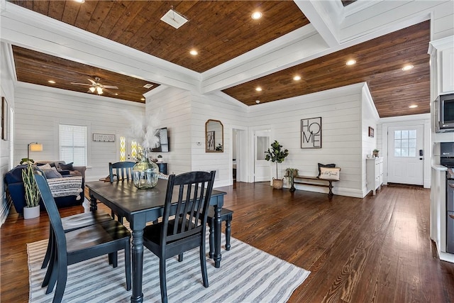 dining area featuring wooden ceiling, dark hardwood / wood-style flooring, ceiling fan, and a healthy amount of sunlight