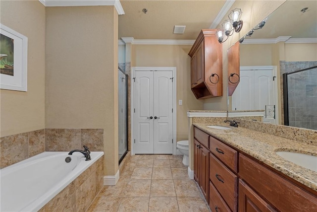 full bathroom featuring vanity, tile patterned flooring, separate shower and tub, toilet, and ornamental molding