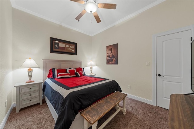 carpeted bedroom featuring ceiling fan and crown molding