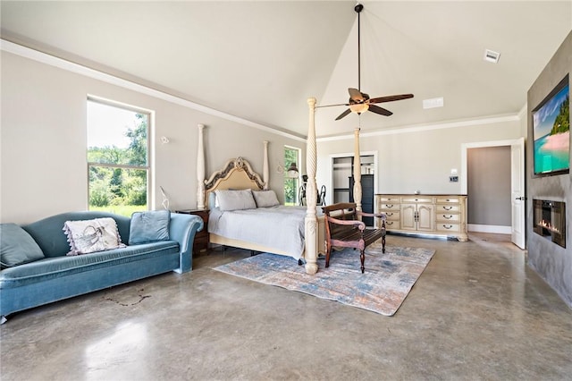 bedroom with ceiling fan, concrete flooring, ornamental molding, and high vaulted ceiling