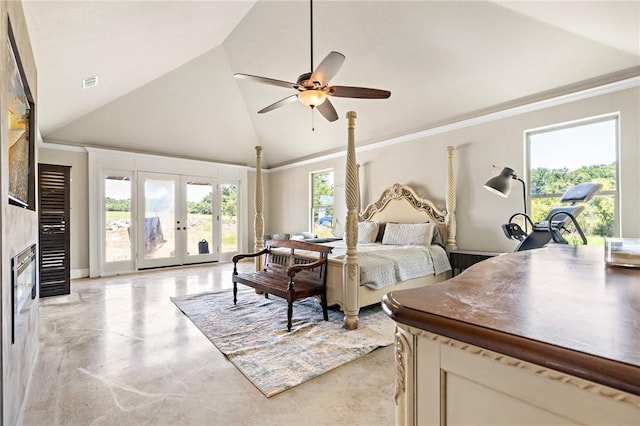 bedroom with french doors, high vaulted ceiling, multiple windows, and ceiling fan