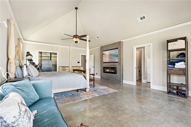 bedroom featuring concrete floors, vaulted ceiling, ceiling fan, and crown molding