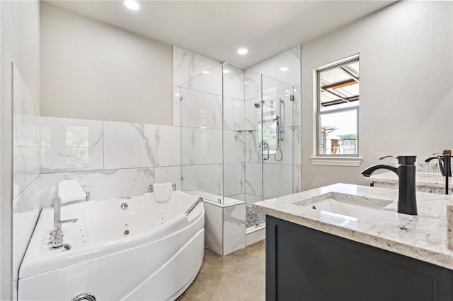 bathroom with vanity and plus walk in shower