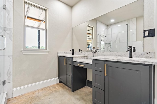 bathroom featuring vanity, concrete flooring, and walk in shower