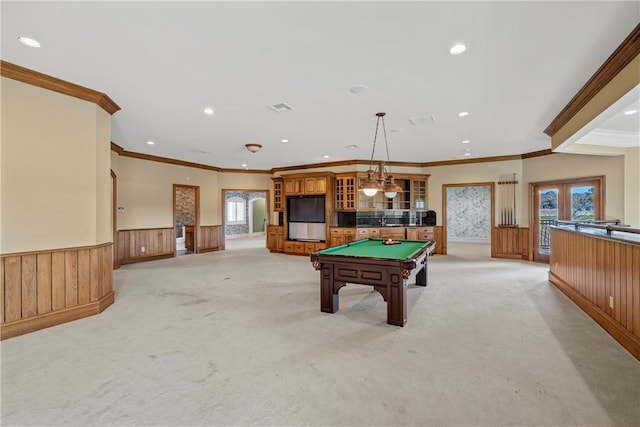 rec room featuring pool table, light colored carpet, and crown molding