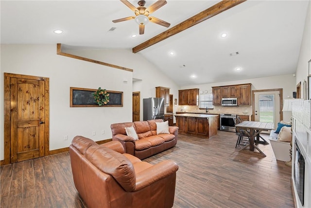 living room featuring visible vents, beam ceiling, and dark wood-style flooring