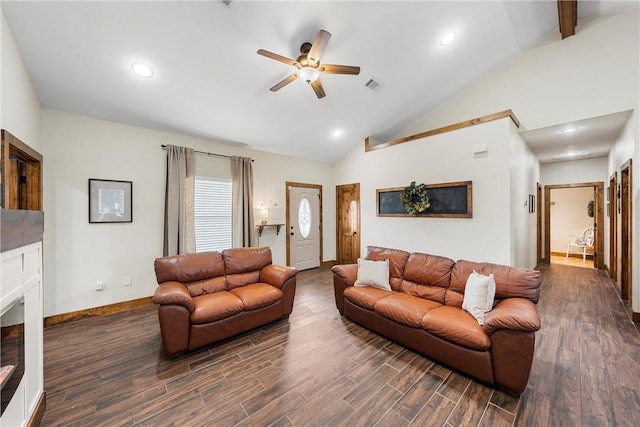 living room featuring ceiling fan, visible vents, dark wood finished floors, and a fireplace