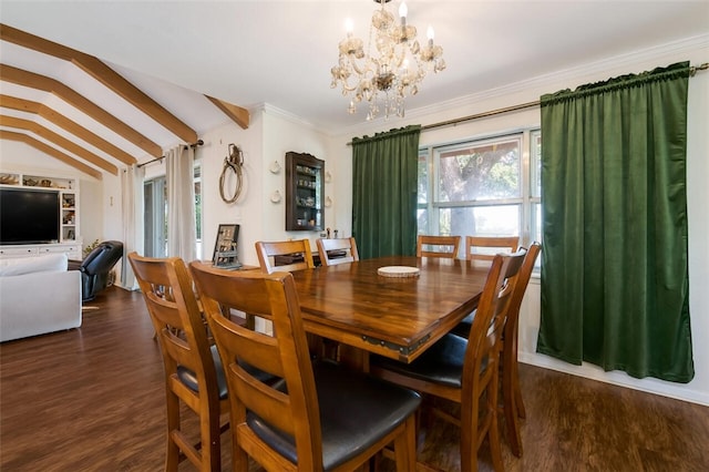 dining area featuring lofted ceiling with beams, dark hardwood / wood-style flooring, ornamental molding, and a chandelier