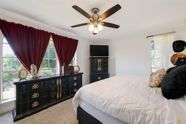 bedroom with carpet, ceiling fan, ornamental molding, and multiple windows