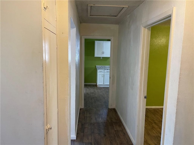 hallway with dark hardwood / wood-style flooring