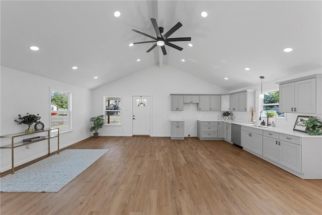 kitchen featuring plenty of natural light, stainless steel dishwasher, decorative light fixtures, and light wood-type flooring