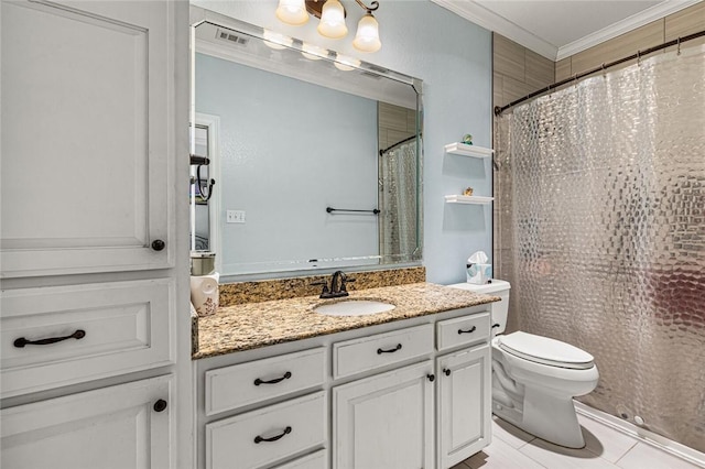 bathroom with vanity, tile patterned flooring, a shower with shower curtain, toilet, and ornamental molding