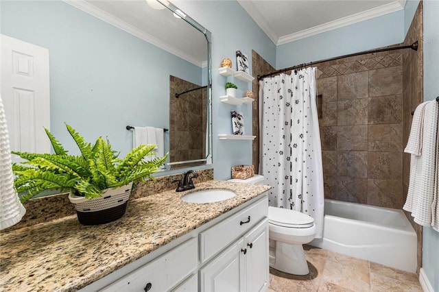 full bathroom with vanity, toilet, shower / bathtub combination with curtain, and ornamental molding