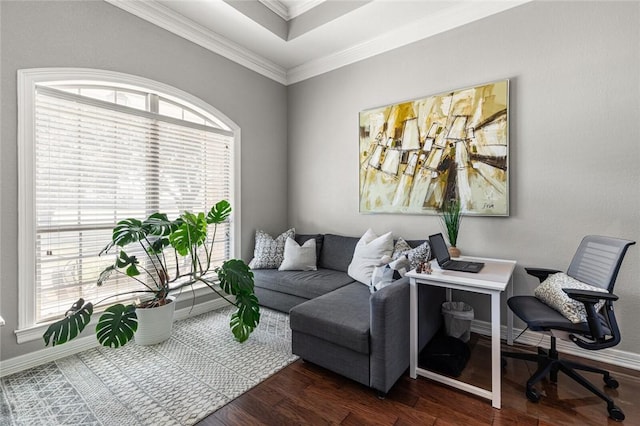 office with a healthy amount of sunlight, dark hardwood / wood-style flooring, and ornamental molding