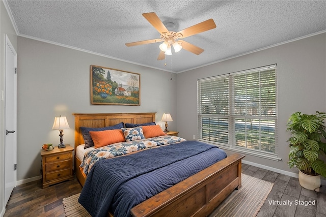 bedroom with hardwood / wood-style flooring, ornamental molding, and a textured ceiling