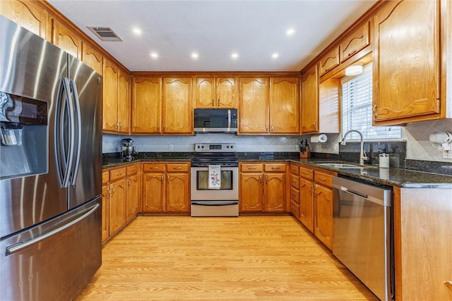 kitchen featuring a sink, visible vents, brown cabinets, and appliances with stainless steel finishes