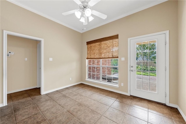 doorway to outside featuring ceiling fan, light tile patterned floors, and crown molding