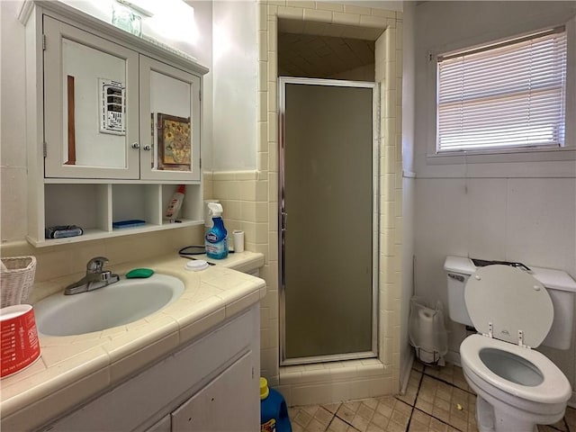 bathroom featuring toilet, a shower stall, and vanity