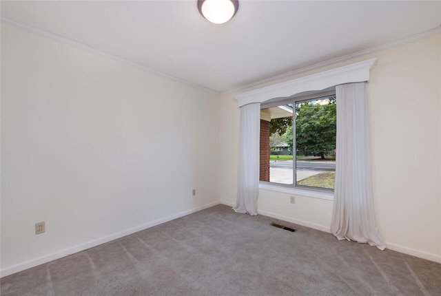 spare room featuring light colored carpet and crown molding