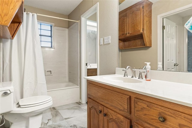 full bathroom with vanity, toilet, and shower / bathtub combination with curtain