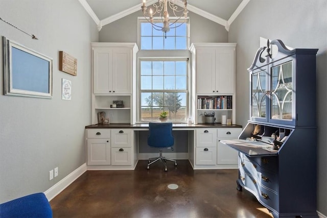 office area featuring a chandelier, vaulted ceiling, and ornamental molding