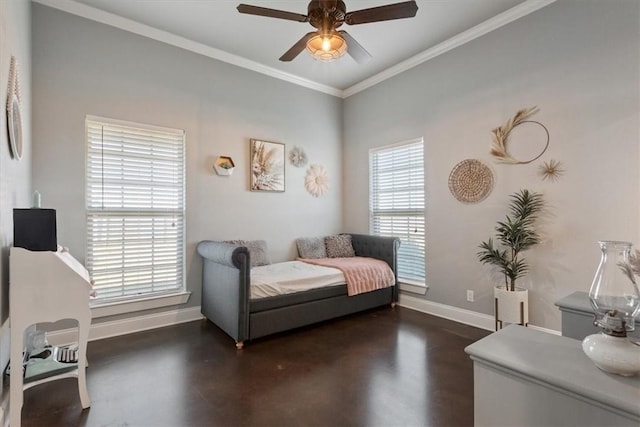 bedroom featuring ceiling fan, dark hardwood / wood-style flooring, and ornamental molding