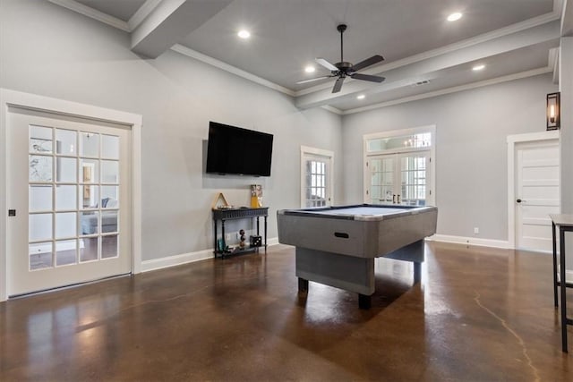 playroom with french doors, crown molding, ceiling fan, a towering ceiling, and pool table