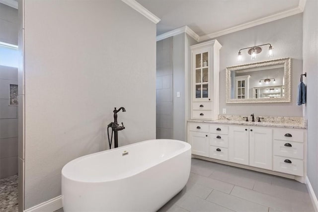 bathroom with tile patterned flooring, vanity, independent shower and bath, and ornamental molding