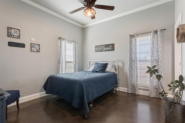 bedroom featuring ceiling fan and ornamental molding