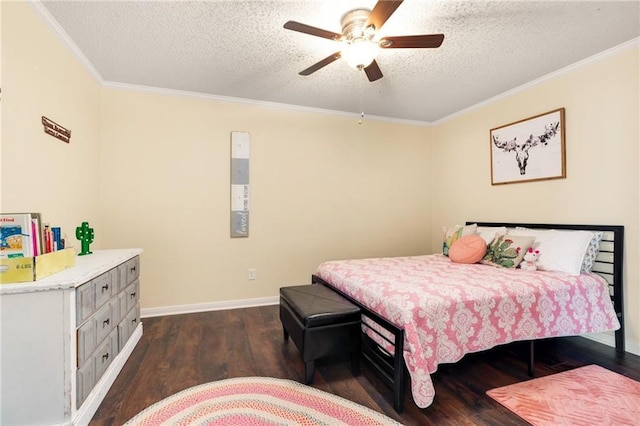 bedroom with crown molding, ceiling fan, baseboards, dark wood-style floors, and a textured ceiling