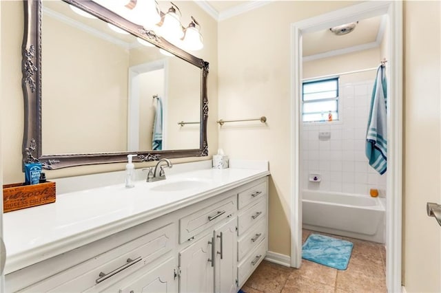 full bathroom with crown molding, baseboards, bathtub / shower combination, tile patterned floors, and vanity