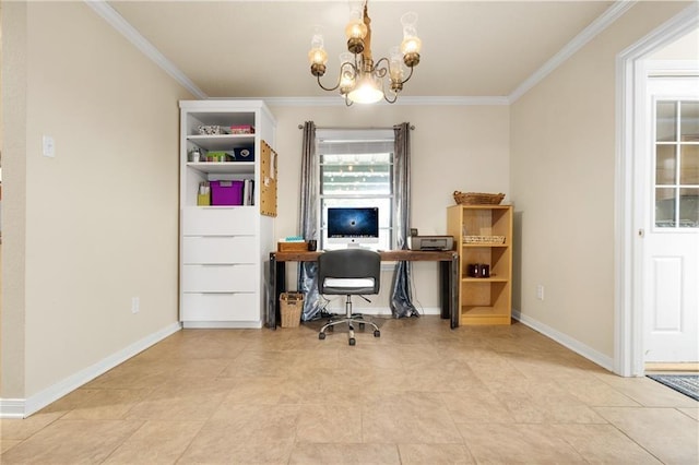 office area featuring baseboards, a notable chandelier, and ornamental molding