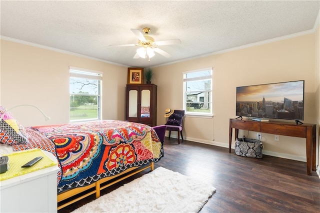 bedroom with a textured ceiling, wood finished floors, and ornamental molding