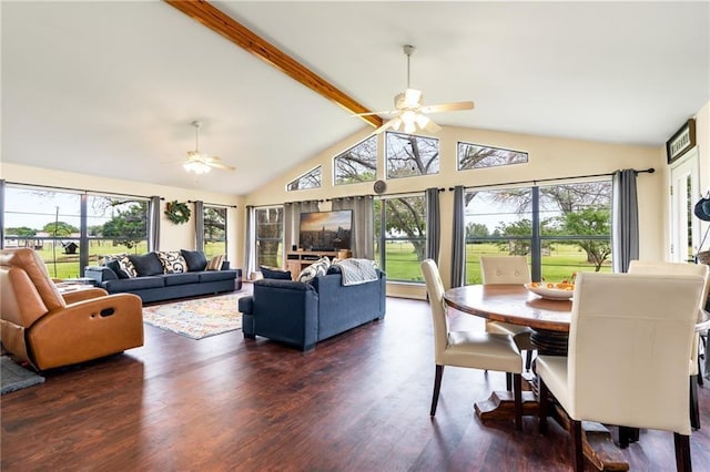 interior space with a healthy amount of sunlight, vaulted ceiling with beams, and ceiling fan