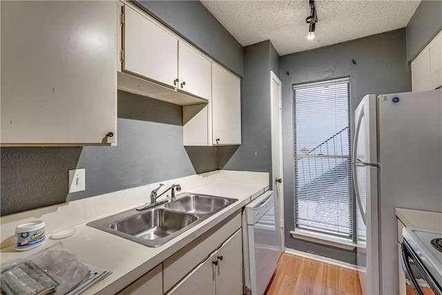 kitchen with light wood-style flooring, white appliances, a sink, white cabinets, and light countertops