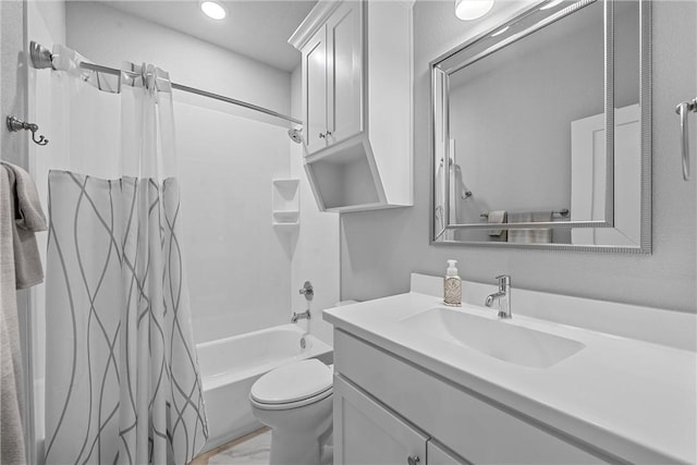 full bathroom with vanity, shower / bathtub combination with curtain, and toilet