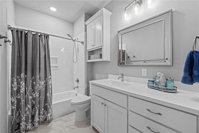 full bathroom featuring shower / bath combination with curtain, vanity, and toilet