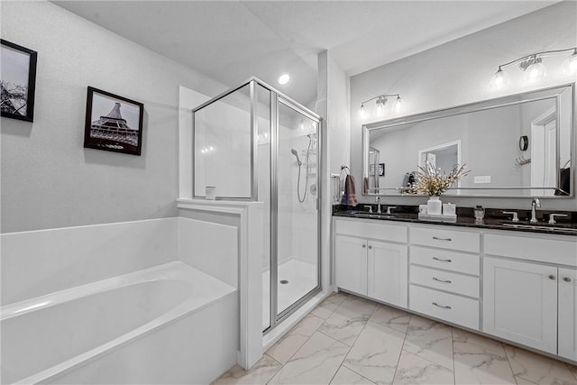 bathroom featuring vanity and plus walk in shower